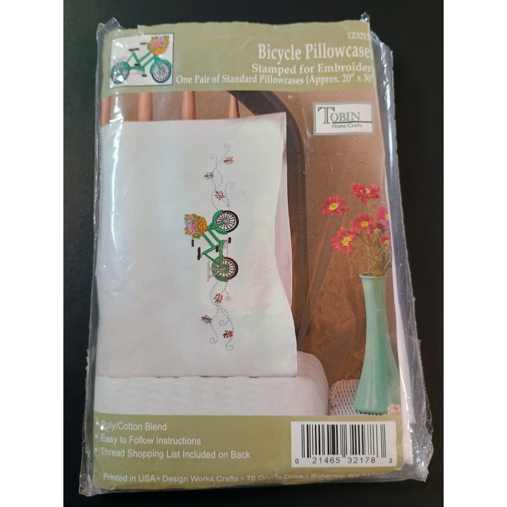 Pair of Tobin Home Crafts Bicycle Pillowcases Embroidery‎ Stamped Standard Size